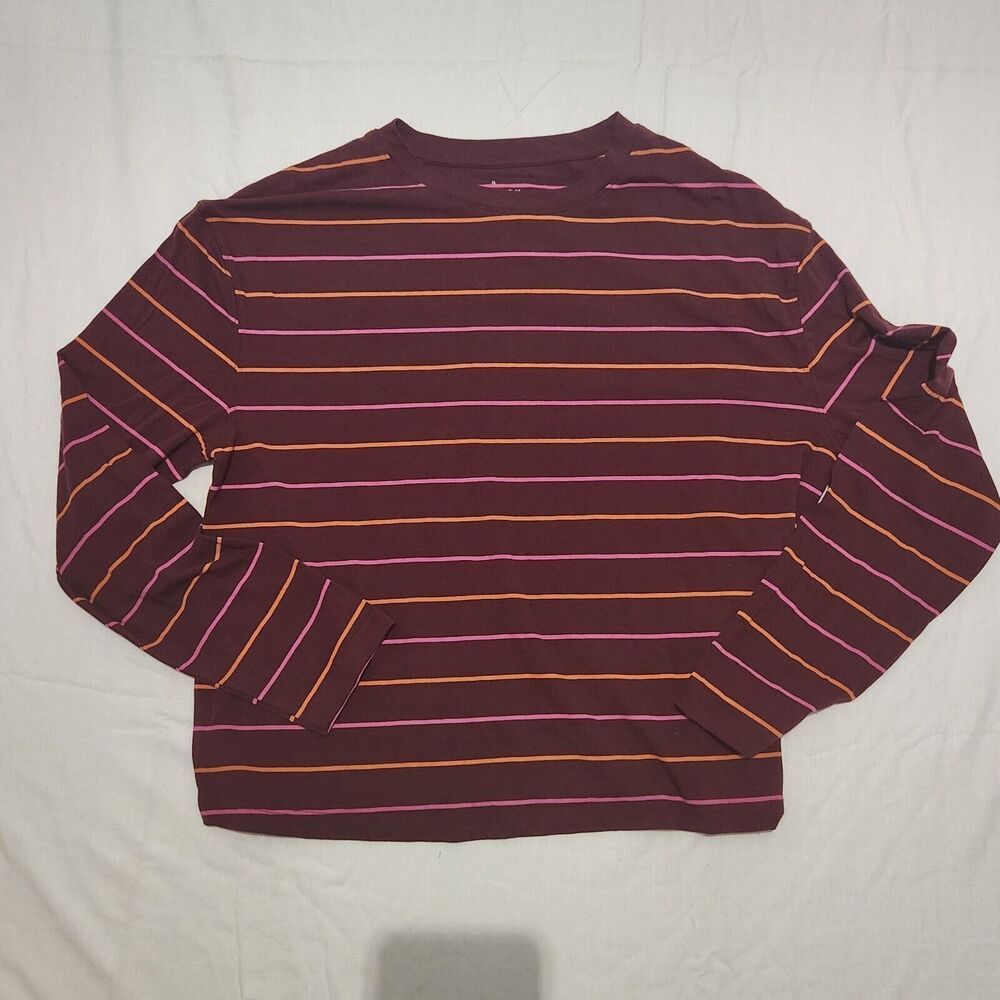 a new day T Shirt Striped Long Sleeve Burgundy Basic Womens Size Medium